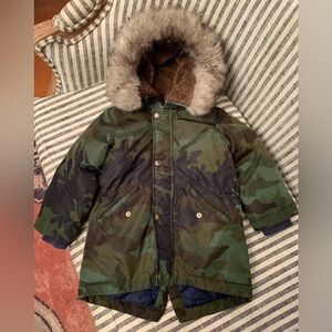 J. Crew Crewcuts Boy’s Camouflage Hooded Parka with Faux Fur Trim Size 3